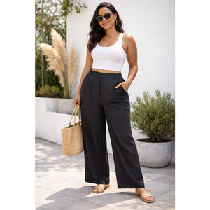 Abercrombie & Fitch Linen Blend Wide Leg High Rise Pants 14/32 Black Curve Love